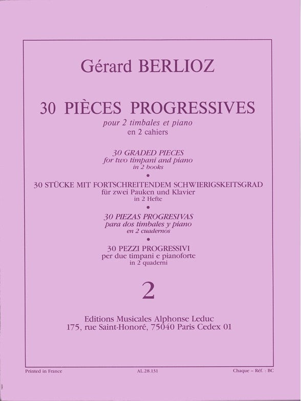 30 Pièces Progressives | Gérard Berlioz | Timbales | Livre | AL28131