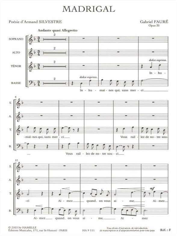 Madrigal Op.35 | Gabriel Fauré | Chœur | Partition chorale | HA09111