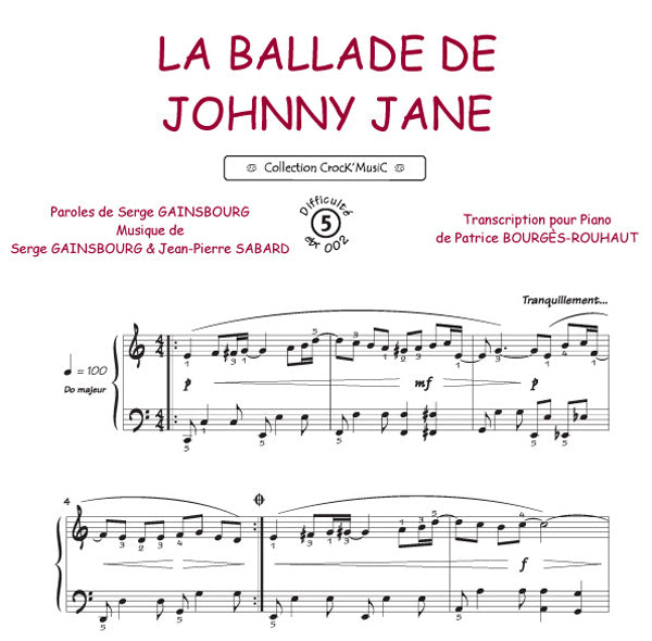 La ballade de johnny Jane de Serge Gainsbourg, Feuillet pour piano