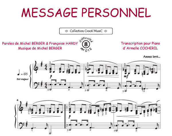 Message personnel de Michel Berger, Feuillet pour piano