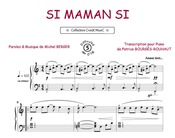 Si maman si de Michel Berger, Feuillet pour piano