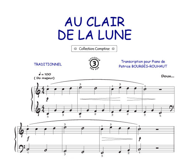 Au clair de la lune, Feuillet pour piano et Chant et Guitare