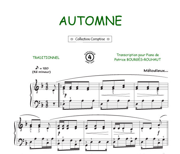 Automne (Colchiques dans les près) de Francine Cockenpot, Feuillet pour piano et Chant et Guitare