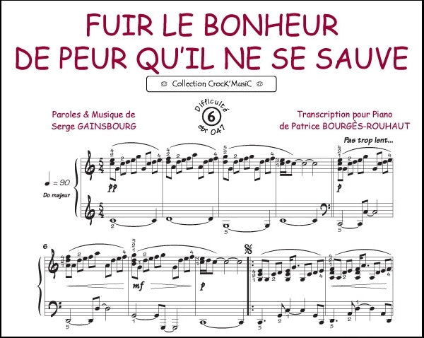 Fuir le bonheur de Serge Gainsbourg, Feuillet pour piano