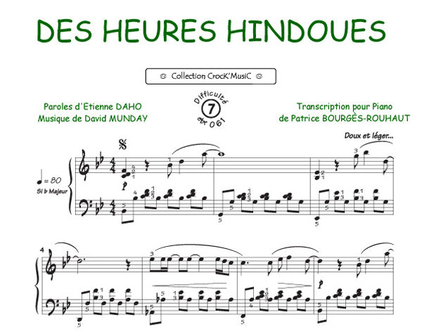 Des heures hindoues de Etienne Daho, Feuillet pour piano