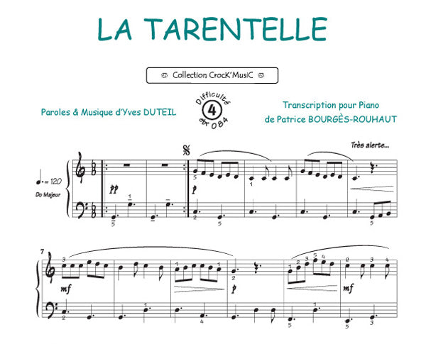 La tarentelle de Yves Duteil, Feuillet pour piano