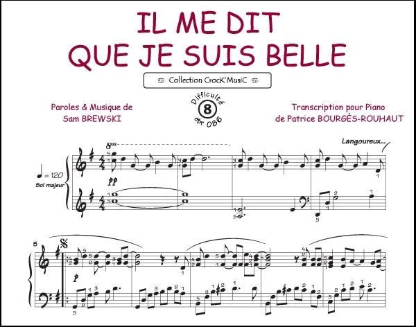 Il me dit que je suis belle de Sam Brewski, Feuillet pour piano