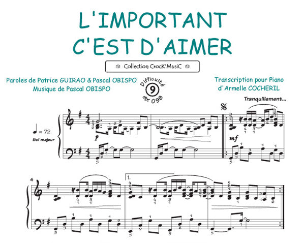 L'important c'est d'aimer de Pascal Obispo, Feuillet pour piano