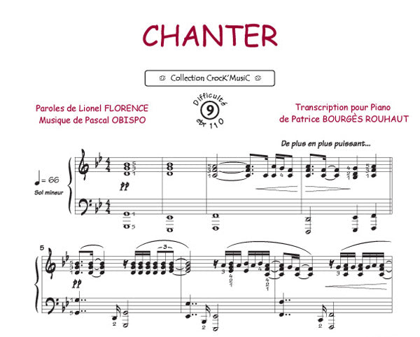 Chanter de Pascal Obispo, Feuillet pour piano