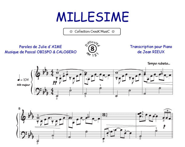 Millesime de Julie D`aime, Feuillet pour piano
