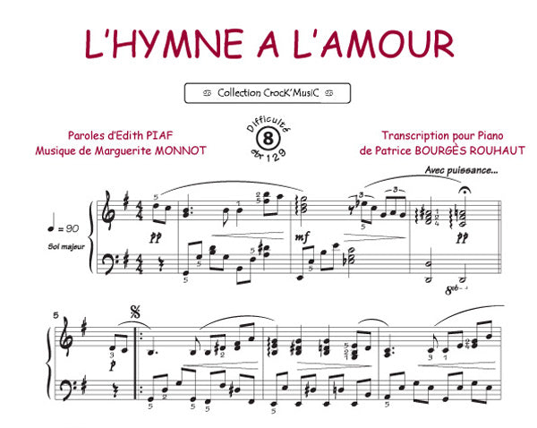 L'hymne à l'amour de Edith Piaf, Feuillet pour piano