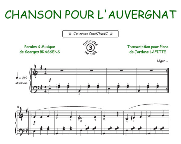 Chanson pour l'auvergnat de Georges Brassens, Feuillet pour piano