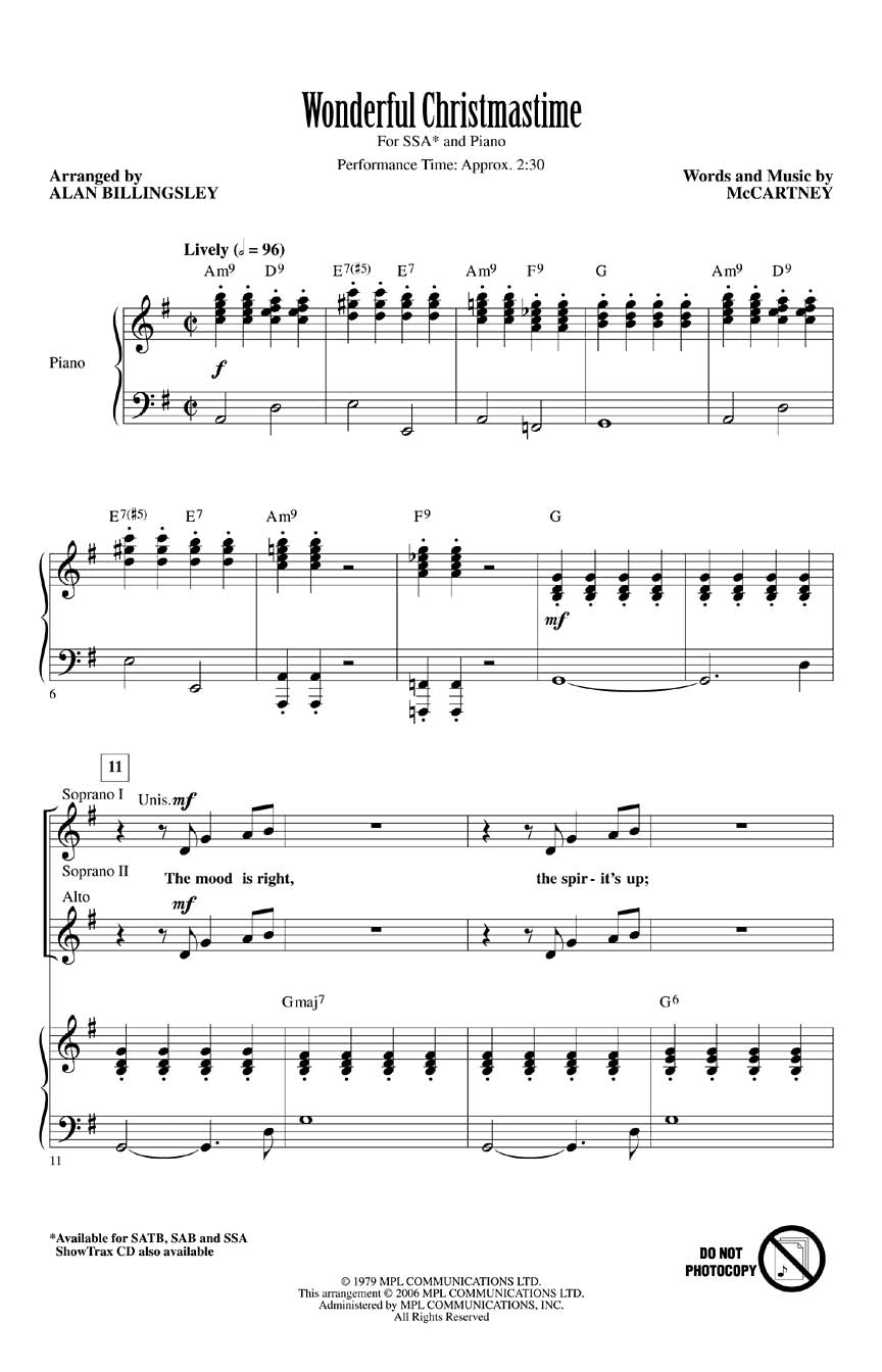 Wonderful Christmastime, Partition chorale pour sSA and Piano