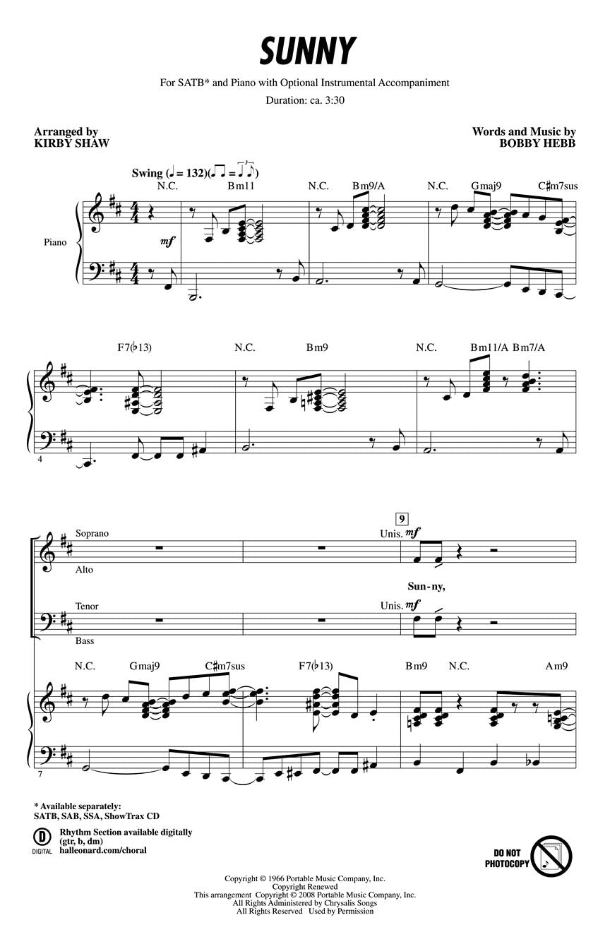 Sunny de Bobby Hebb, Partition chorale pour sATB