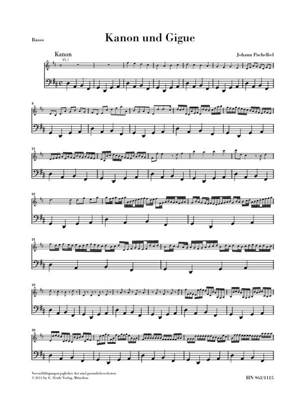 Canon et Gigue en ré majeur - Partie de basse | Johann Pachelbel
