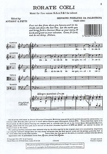 Rorate Coeli de Giovanni Palestrina, Partition chorale pour sATB