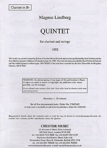 Quintet For Clarinet And Strings (Parts) de Magnus Lindberg, Livre pour clarinette et Quatuor à cordes