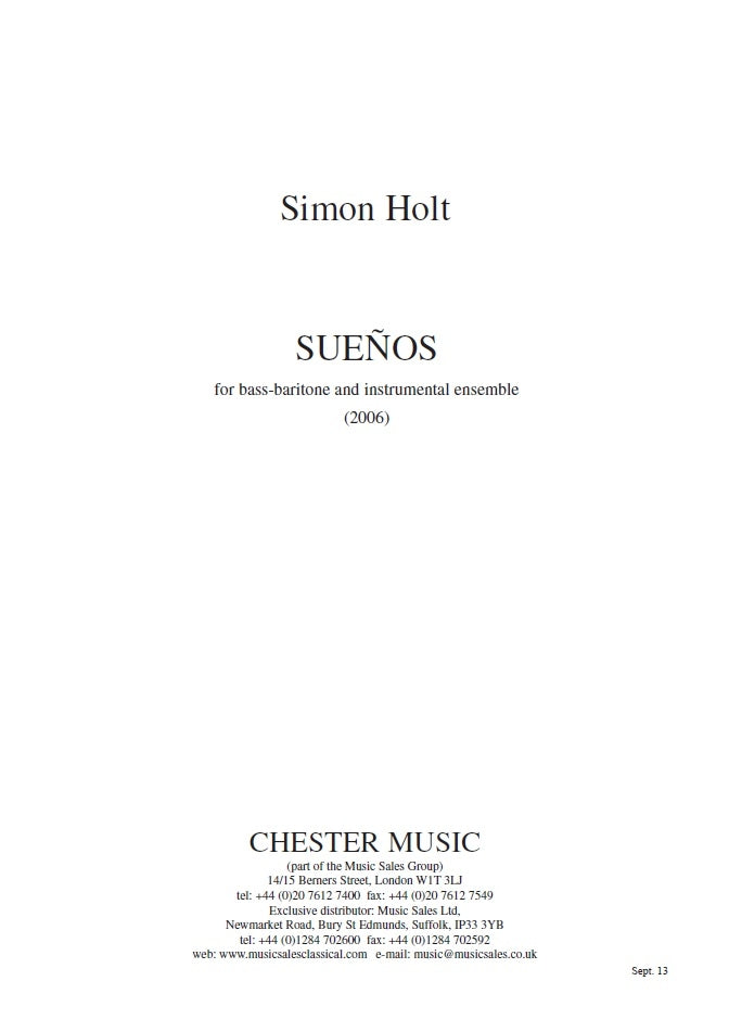 Sueños de Simon Holt, Partition + parties pour voix de baryton et Ensemble de chambre