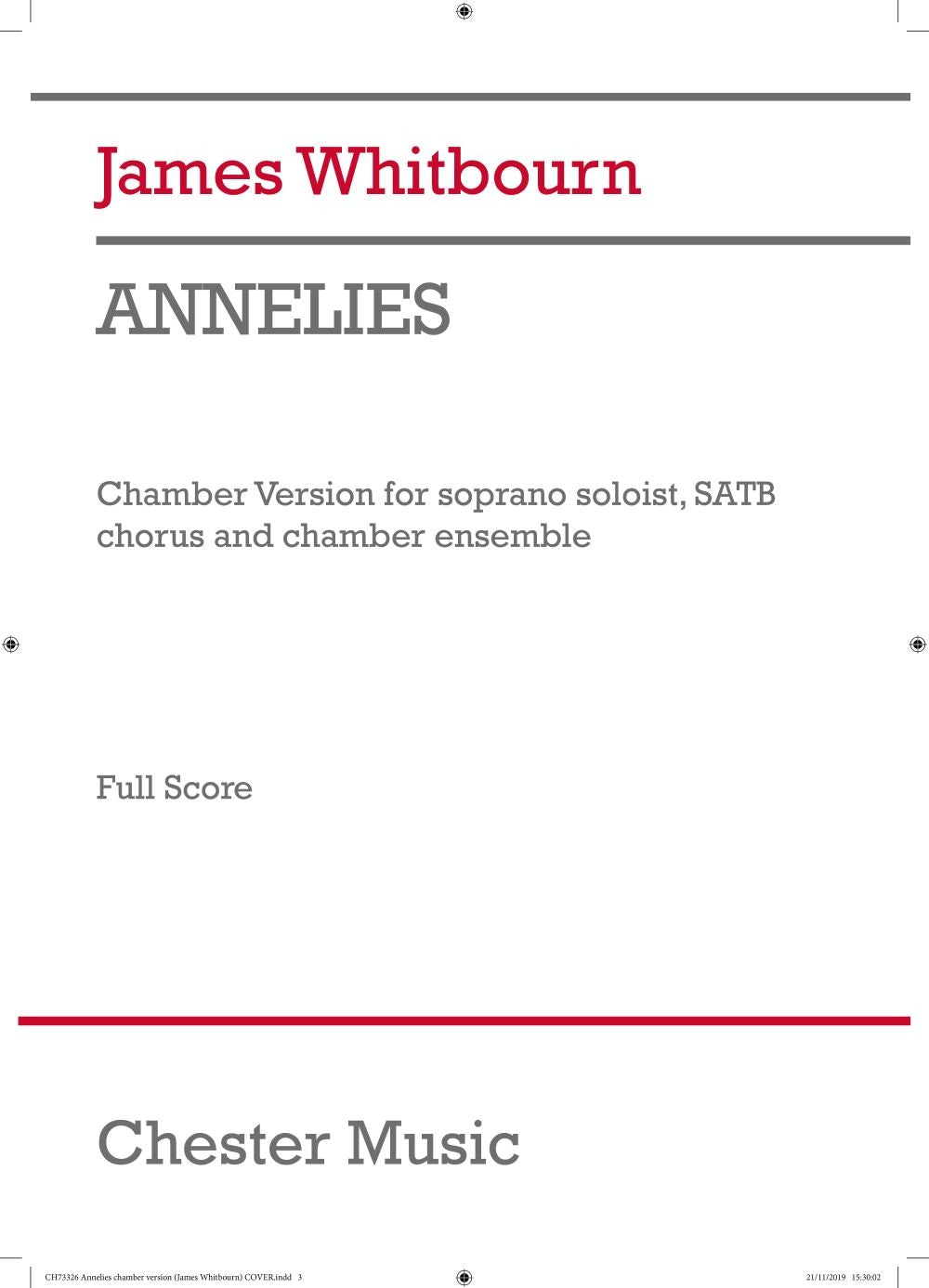Annelies (Chamber Version) de James Whitbourn, Partition pour ensemble de chambre et Voix de soprano et SATB