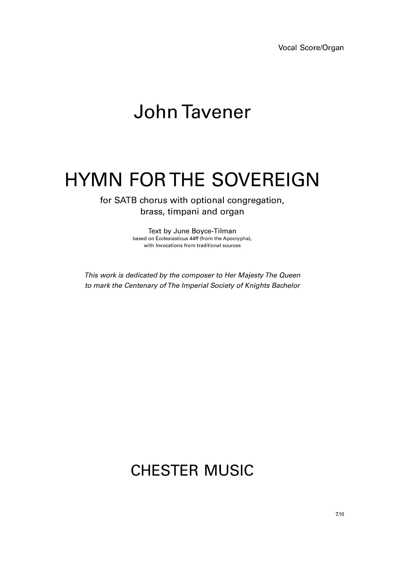 Hymn For The Sovereign de John Tavener, Partie séparée pour sATB et Orgue