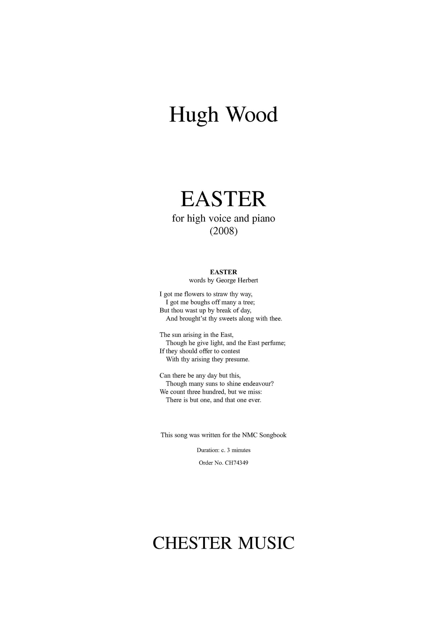 Easter - High Voice/Piano de Hugh Wood, Livre pour voix aiguë et Piano