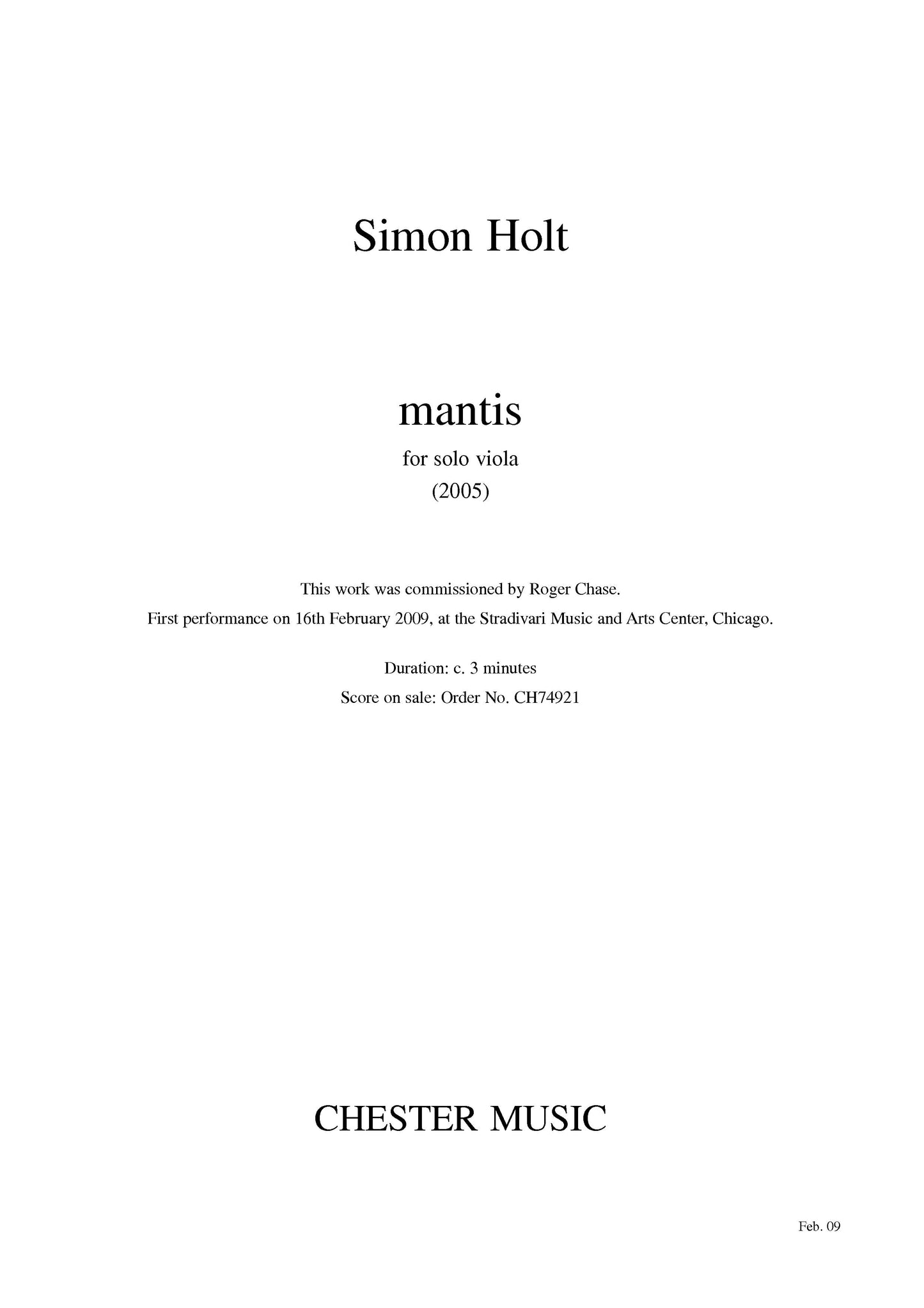 Mantis (Solo Viola) de Simon Holt, Livre pour alto