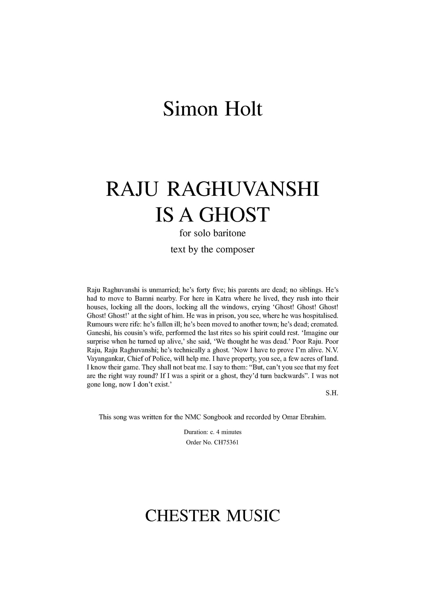 Raju Raghuvanshi Is A Ghost de Simon Holt, Livre pour voix de baryton