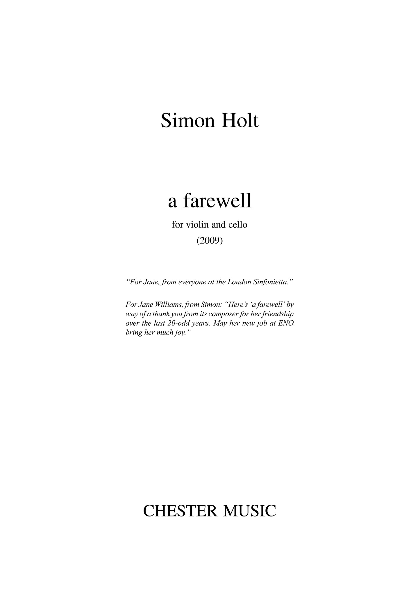 A Farewell de Simon Holt, Livre pour violon et Violoncelle