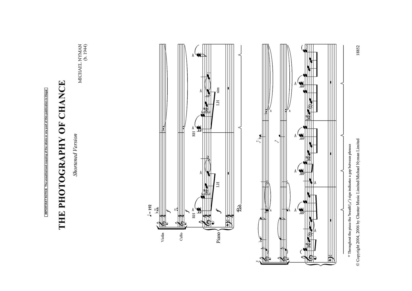 The Photography Of Chance (Piano Trio) de Michael Nyman, Livre pour piano