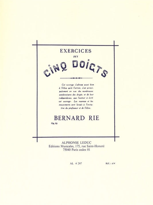 Exercices Des 5 Doigts Op32 de Bernard Rie, Livre pour piano