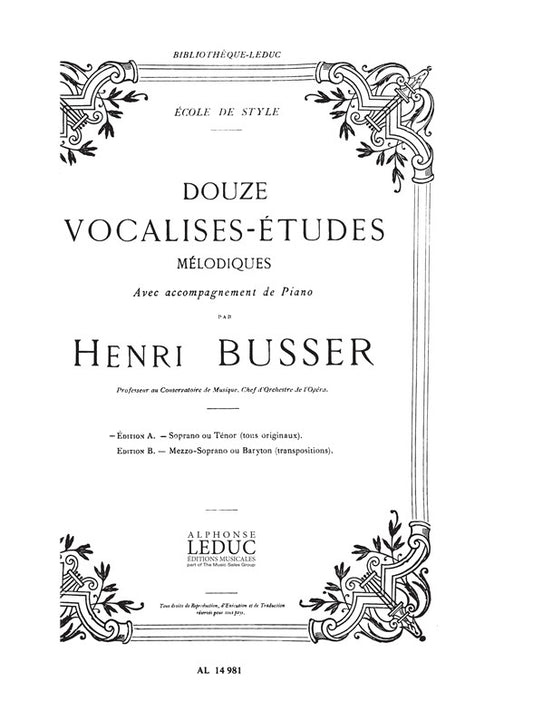 Henri Busser: 12 Vocalises-Etudes - Edition A de Henri Büsser, Partition pour soprano et Voix de ténor et Piano