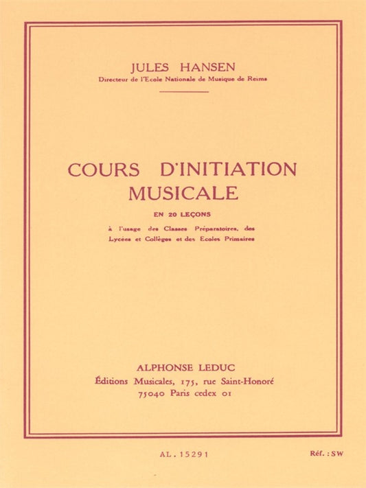 Cours Dinitiation Musicale en 20 Lecons Cle de Sol de Jules Hansen, Livre pour voix