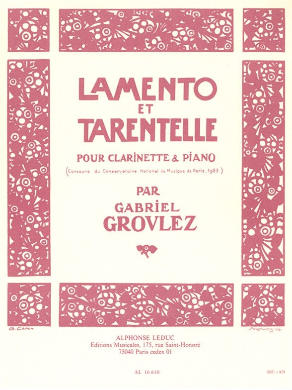 Lamento Et Tarentelle pour clarinette et piano | Gabriel Grovlez