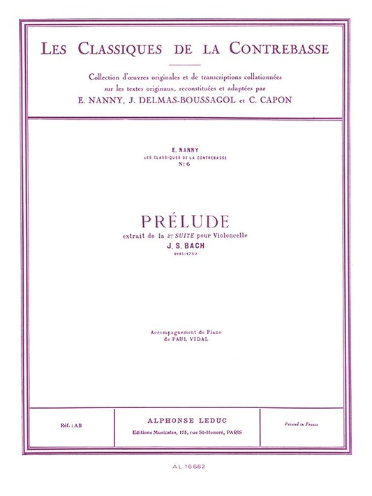 Prélude | Johann Sebastian Bach | Contrebasse | Partition | AL16662