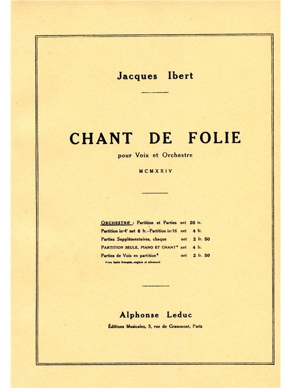 Chant de Folie | Jacques Ibert | Orchestre