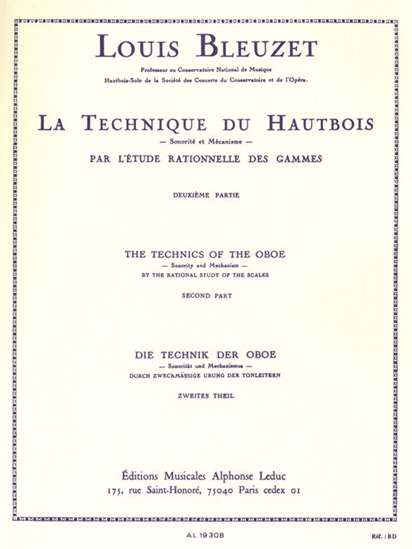 Louis Bleuzet : La Technique du hautbois | L. Bleuzet | Hautbois | Partition | AL19308