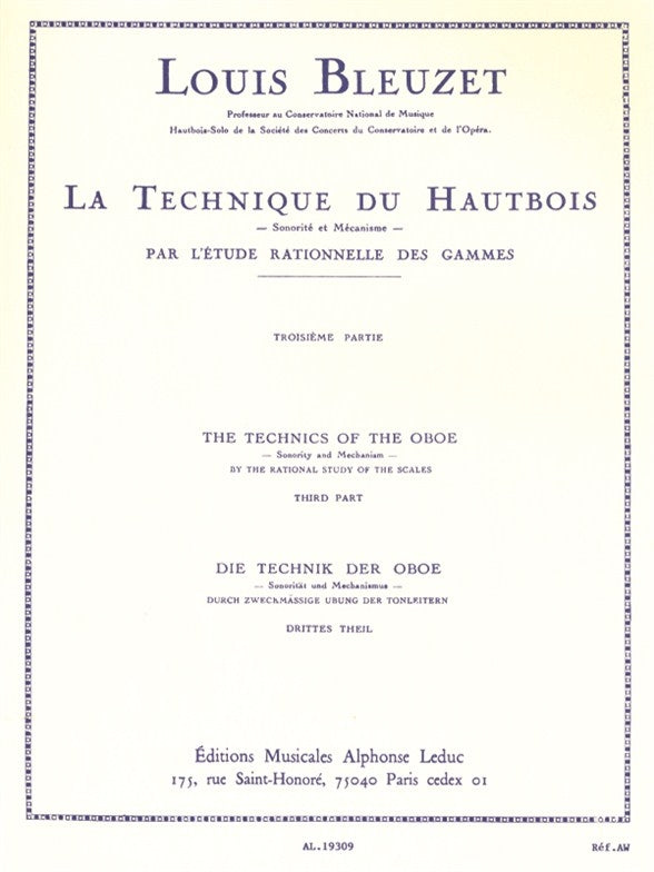 Louis Bleuzet : La Technique du hautbois | L. Bleuzet | Hautbois | Partition | AL19309