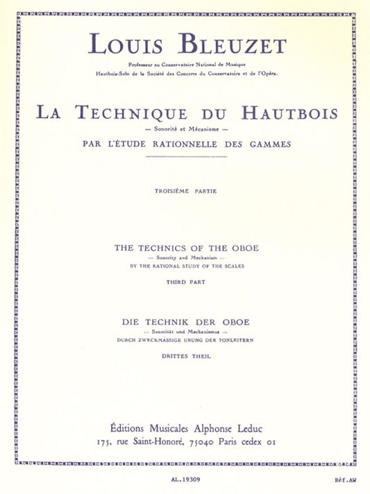 Louis Bleuzet : La Technique du hautbois | L. Bleuzet | Hautbois | Partition | AL19309