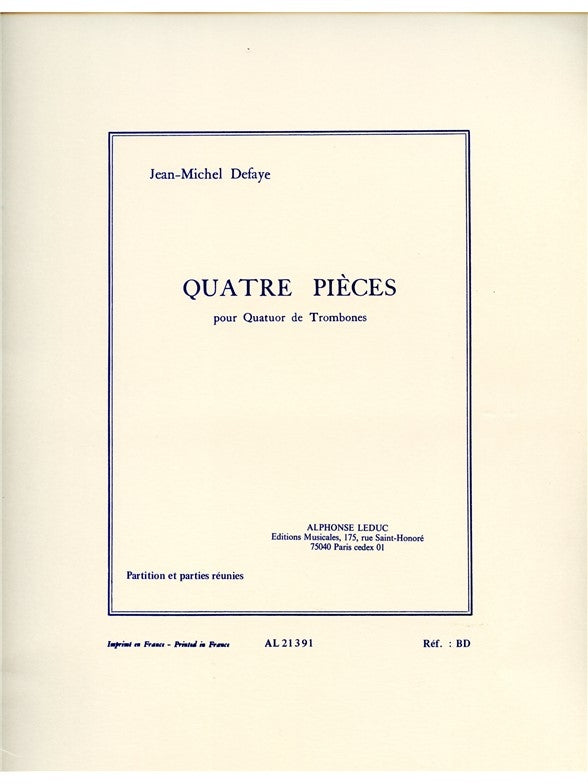 4 Pièces | Jean-Michel Defaye | Quatuor de trombones