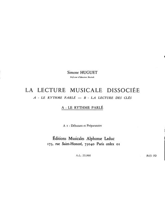 Lecture Musicale Dissociee A-Le Rythme Parle A1 | Simone Huguet