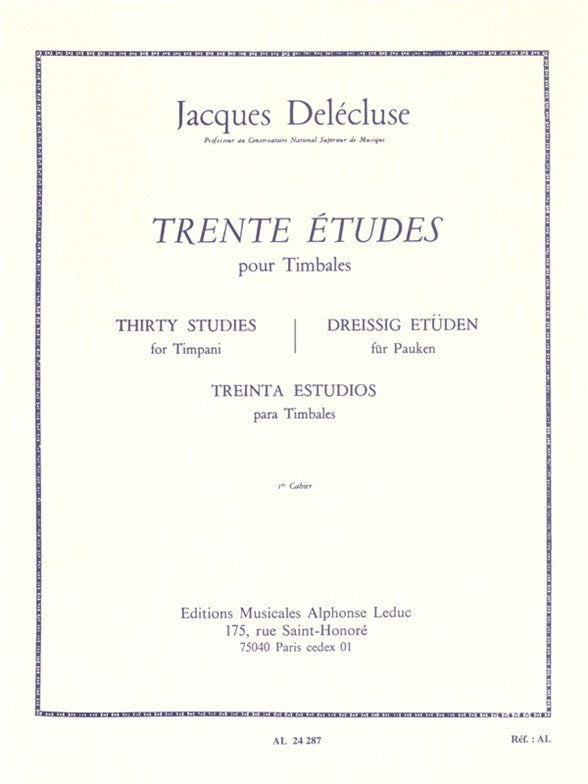 30 Études Cahier 1 pour Timbales | Jacques Delécluse