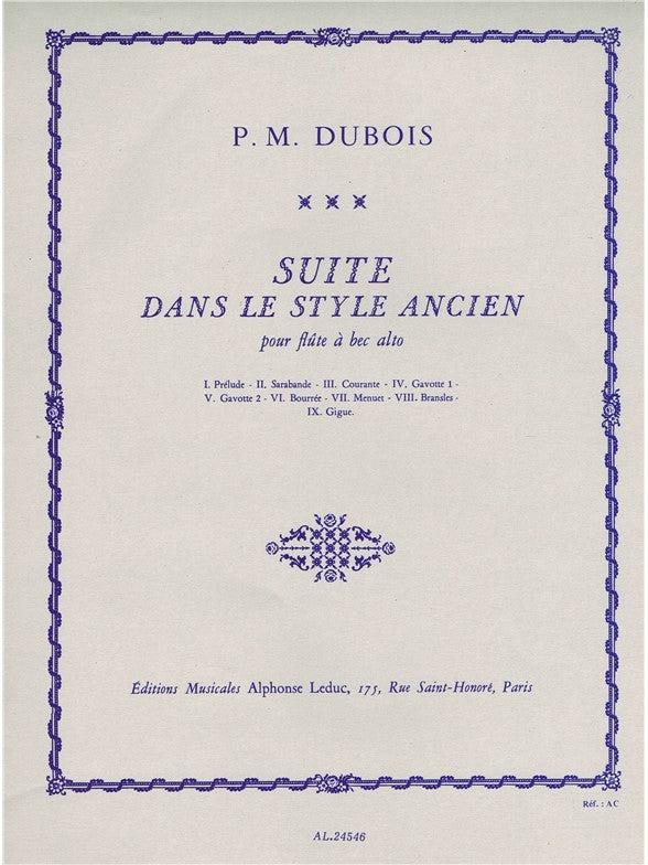 Suite dans le style ancien, pour flûte à bec alto seule | Pierre-Max Dubois