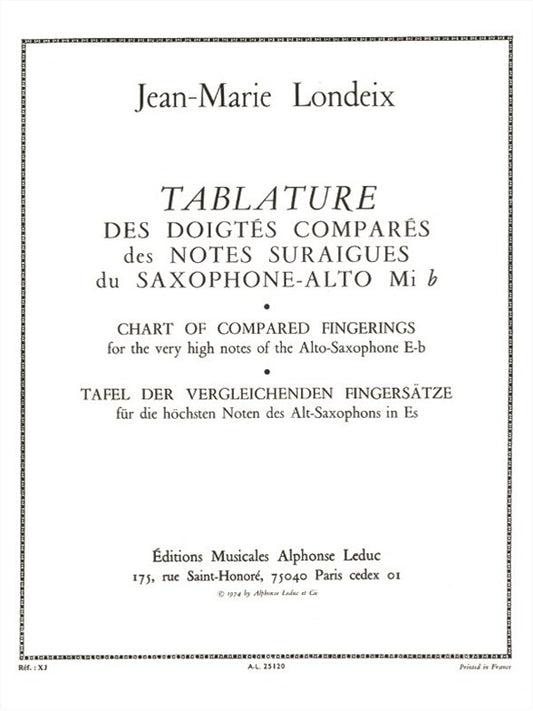 Tablature des doigtés comparés des notes suraigues | Jean-Marie Londeix