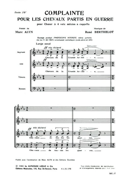 Complainte pour les Chevaux partis en Guerre de René Berthelot, Partition chorale pour sATB