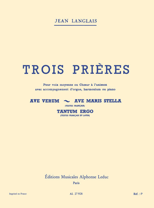 Trois Prières, pour voix moyenne et orgue | Jean Langlais