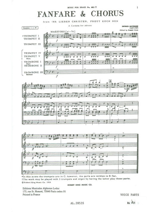 Fanfare et Chœur | Dietrich Buxtehude | Ensemble de cuivres | Livre | AL28535