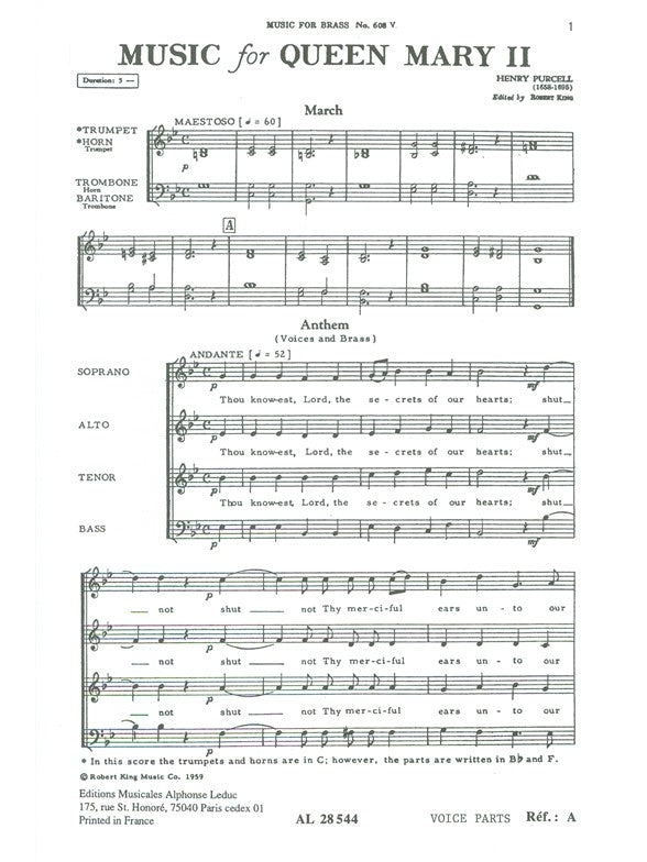 Musique funèbre pour la reine Mary II | Henry Purcell | Quatuor de cuivres | Livre | AL28544
