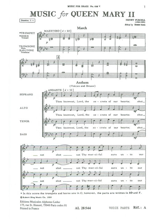 Musique funèbre pour la reine Mary II | Henry Purcell | Quatuor de cuivres | Livre | AL28544