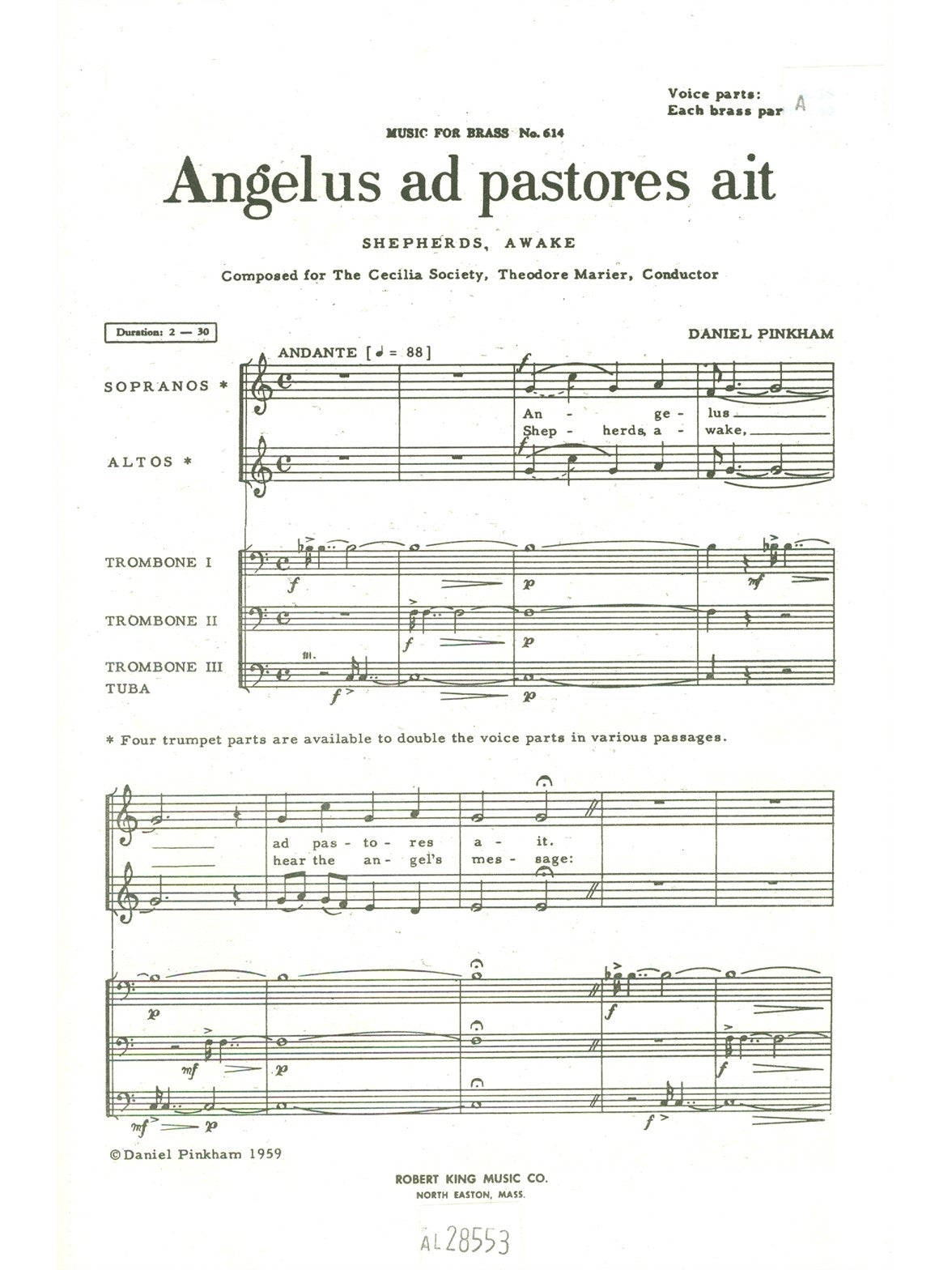 Angelus Ad Pastores Ait | Pinkham | Ensemble de cuivres