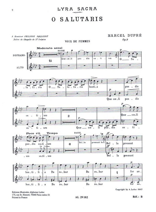 Marcel Dupre: 4 Motets Op.9, No.1: O Salutaris | Marcel Dupré | Chœur | Partition chorale | AL29182